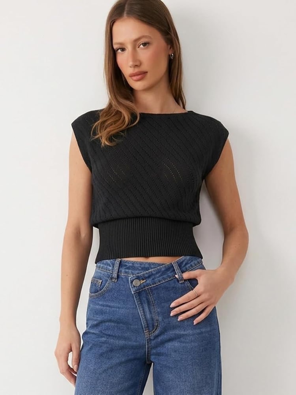 Women's Black Knit Cap-Sleeve Waistband Tunic Top